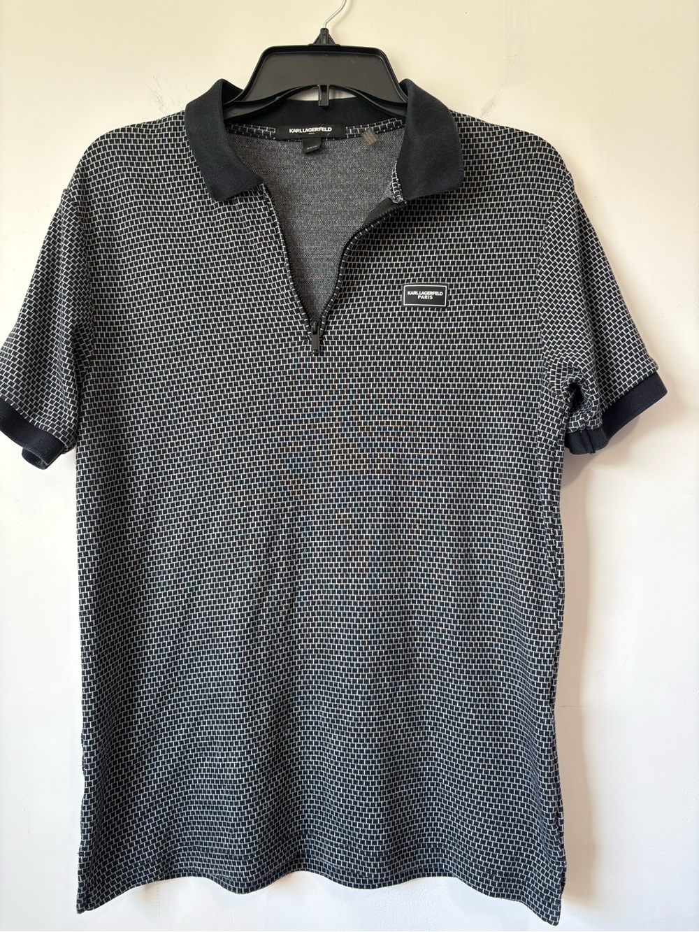 Karl Lagerfeld Black and Gray Geometric Zip Polo